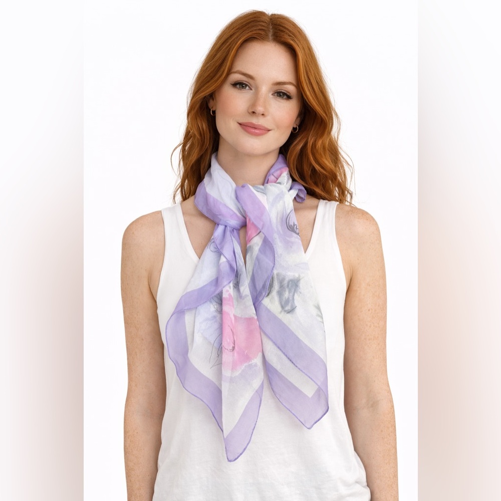 Vintage Pastel Floral Sheer Scarf Lavender Pink Watercolor Square Chiffon